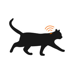 Pets microchipping concept. Cat silhouette with implant and RFID signal isolated on white background. Animals permanent identification. Vector flat illustration.