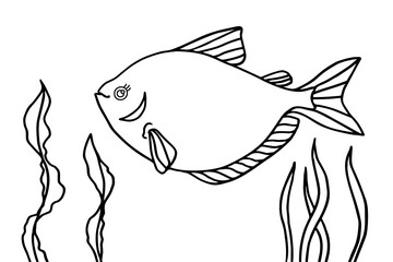 Fish and algae in the water. Aquarium. Can be used for coloring book for kids. Vector illustration.