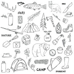hiking in the forest, tourism seamless pattern. Summer camping, fishing. Hand drawing outline.