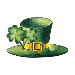 Green St. Patrick's Day hat and clover on white background isolated watercolor pencils drawing