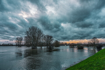 Flood on the Rhine between Cologne and Leverkusen, Germany.