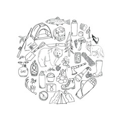 Set of camping and trekking elements. doodle forest rest. Outline hand drawing isolated .
