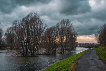 Flood on the Rhine between Cologne and Leverkusen, Germany.