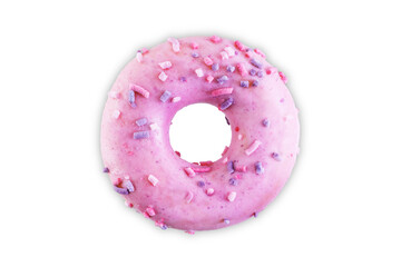 Pink donut with pink and purple sprinkles on a white isolated background