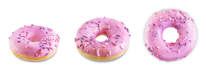 Pink donut with pink and purple sprinkles on a white isolated background