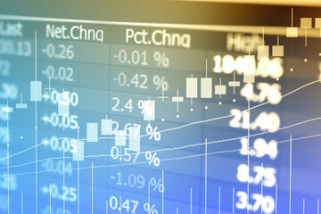 Stock market data on digital LED display. Fundamental and technical analysis with candle stick graph chart of stock market trading to represent about Bullish and Bearish point.