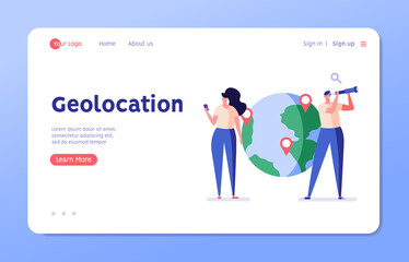 Man and a woman are looking for a route, put geotags, use a mobile app with geolocation. Concept of geotagging, gps navigation, online map, gps pin, correct way. Vector illustration in flat design