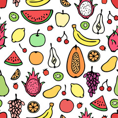 Vector seamless pattern of hand drawn colored fruits: pear, papaya, dragon fruit, banana, grape, watermelon, lemon, kiwi, mango, apple, cherry.