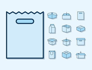 set of packages icons on a light blue background