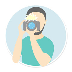 Vector, flat, cartoon illustration. Portrait of a photographer with a camera.