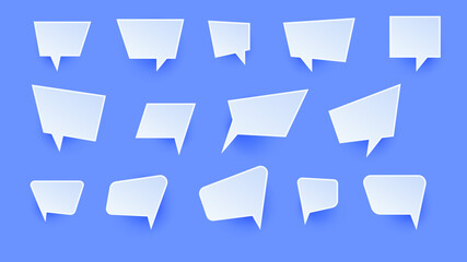 Vector Perfect Paper Style Speech Bubbles. Blank Isolated 3D Paper Stickers On Bright Blue Background