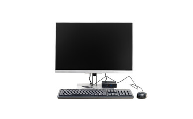 Desktop computer with portable system unit and keyboard and mouse isolated on white
