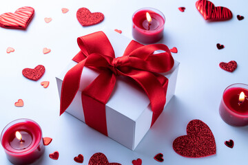 Valentine day beautiful. Romantic gift box, red love hearts, candle on white background. February romance present card.