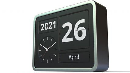 April 26 date on the classic flip clock calendar, 3d animation