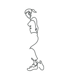 One line drawing of sporty girl with big headphones.
One continuous line drawing of woman getting ready to sport.