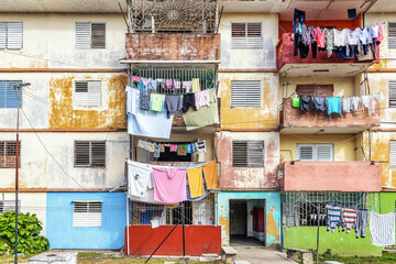 Clothesline in an apartment building in Santa Clara, Cuba. Lifestyle in the Caribbean island