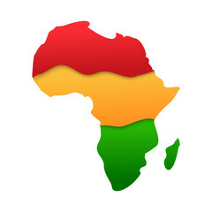 Obraz premium African map continent silhouette icon in paper cut style with african colours - red, yellow, green isolated on white background. Black History Month symbol, vector 3d illustration
