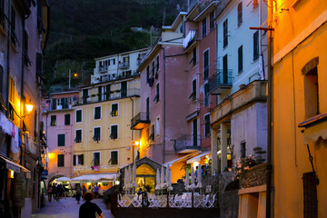 Evening along the main street in the Cinque Terre village of Vernazza, Italy, an Unesco World Heritage Site.