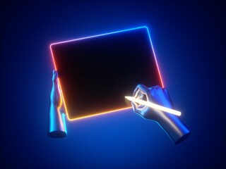 3d render, hands hold digital pen and graphic pad device with blank screen, isolated on blue background. Digital art mockup with neon light. Electronic signature concept