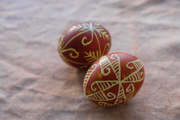 Easter eggs. Traditional wax painting. Ukraine. Copy space.