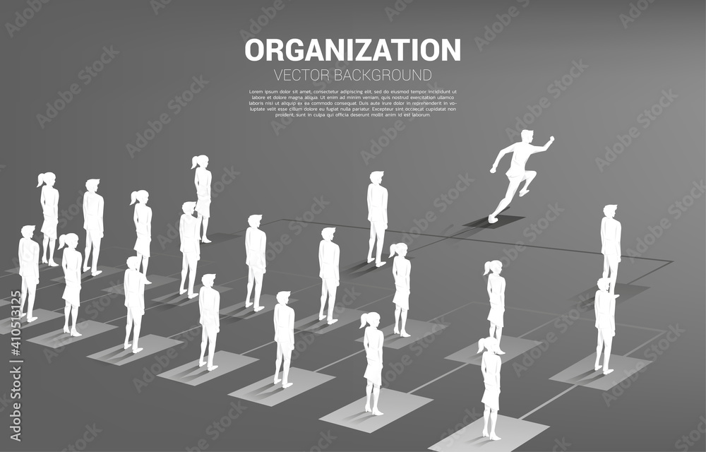 Poster Silhouette of businessman running leading on organization chart . Business Concept of corporate structure and team hierarchy