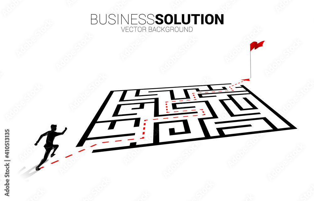 Poster Silhouette of businessman running on route path go around the maze to goal. Business concept for problem solving and finding idea.