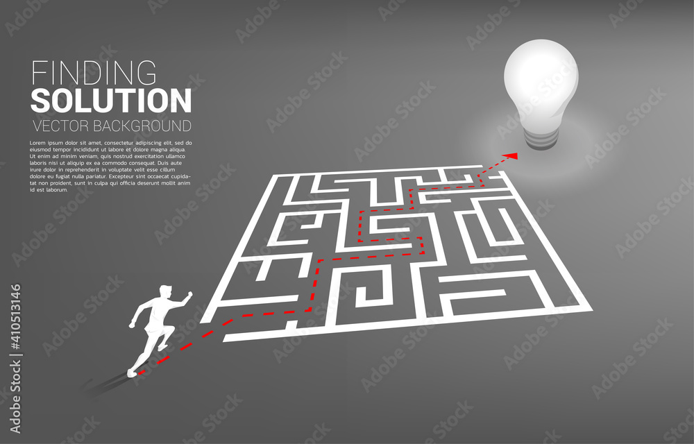 Poster Silhouette of businessman running with route path to exit the maze to light bulb. Business concept for problem solving and finding idea.