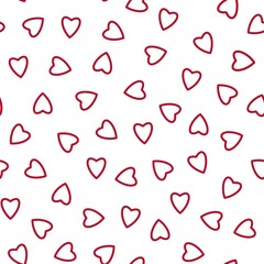 Simple hearts seamless pattern,endless chaotic texture made of tiny heart silhouettes.Valentines,mothers day background.Great for Easter,wedding,scrapbook,gift wrapping paper,textiles.Red on white.