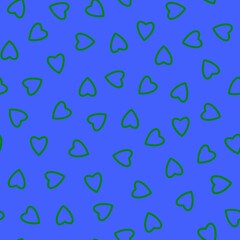 Simple hearts seamless pattern,endless chaotic texture made of tiny heart silhouettes.Valentines,mothers day background.Great for Easter,wedding,scrapbook,gift wrapping paper,textiles.Green on blue