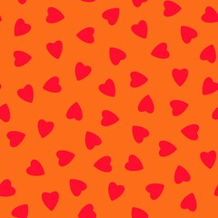 Simple hearts seamless pattern,endless chaotic texture made of tiny heart silhouettes.Valentines,mothers day background.Great for Easter,wedding,scrapbook,gift wrapping paper,textiles.Red on orange