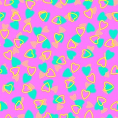 Simple heart seamless pattern,endless chaotic texture made of tiny heart silhouettes.Valentines,mothers day background.Great for Easter,wedding,scrapbook,gift wrapping paper,textiles.Yellow,azure,pink