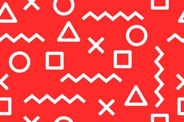 Red seamless pattern memphis style, geometric shapes of triangles, circles, zigzags, and squares. suitable for fashion, background, poster, etc.