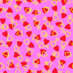 Fototapeta na wymiar Simple hearts seamless pattern,endless chaotic texture made of tiny heart silhouettes.Valentines,mothers day background.Great for Easter,wedding,scrapbook,gift wrapping paper,textiles.Red,yellow.pink