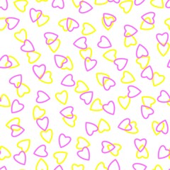 Simple heart seamless pattern,endless chaotic texture made of tiny heart silhouettes.Valentines,mothers day background.Great for Easter,wedding,scrapbook,gift wrapping paper,textiles.Pink,yellow,white