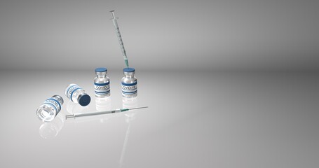 Bottles coronavirus vaccine COVID-19. Glass vials with sars-cov-2 vaccine and syringe on light background 3D illustration