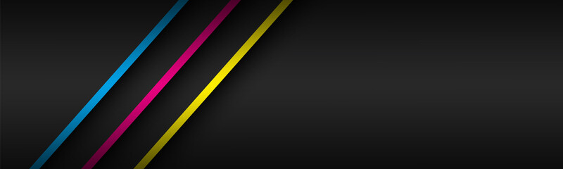 Fototapeta premium Black modern material header with overlapped layers and diagonal lines in cmyk colors. Template for your business. Vector abstract widescreen banner