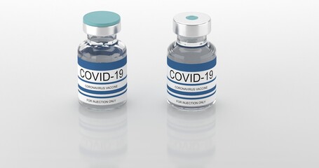 Bottles coronavirus vaccine COVID-19. Glass vials with sars-cov-2 vaccine. 3D illustration