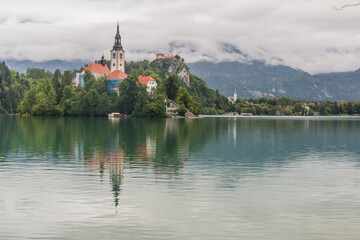 View of Bled lake with the Pilgrimage Church of the Assumption of Maria and Bled Castle, Slovenia