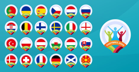 European football 2020 tournament flag set. Vector country flag set for soccer championship.