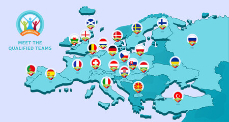 Naklejka na ściany i meble European 2020 football championship Vector illustration with a map of Europe with highlighted countries flag that qualified to final stage and logo sign on white background
