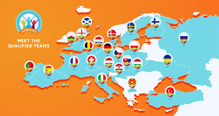 Fototapeta na wymiar European 2020 football championship Vector illustration with a map of Europe with highlighted countries flag that qualified to final stage and logo sign on orange background.