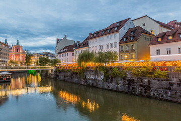 Ljubljanica river and Franciscan Church of the Annunciation in Ljubljana, Slovenia