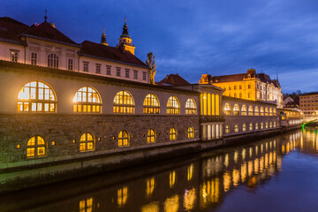 Plecnik arcade market building and Ljubljanica river in Ljubljana, Slovenia