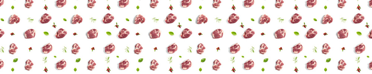 background with raw pork meat slices on white background, raw food background, not pattern, banner wide shoot