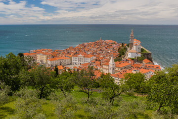 Aerial view of Piran town from the town walls, Slovenia