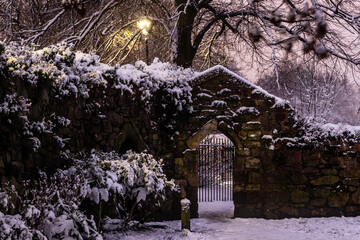 Naklejka premium Gate in abbey ruins in winter