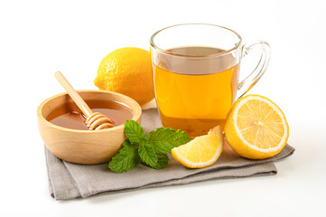 Glass of tea with lemon , honey and mint leaves  on white background.
