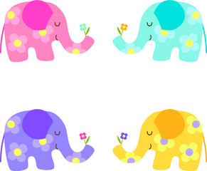 Set of four cute characters cartoon kawaii elephants: pastel blue, yellow, lilac and pink with flower patterns. Baby colors. Isolated on white background. Flat vector illustration