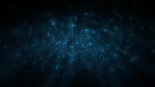 Dynamic animation of flashing binary digits particles pattern with moving beams, rays. Seamless loop background