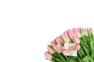 A bouquet of pink tulips and a gift box isolated on a white background. Romantic gift for Valentines Day or mothers Day. Copy space, top view